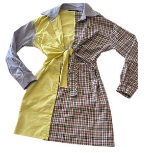 AKIRA Two-Tone Yellow and Plaid Mini Shirt Dress